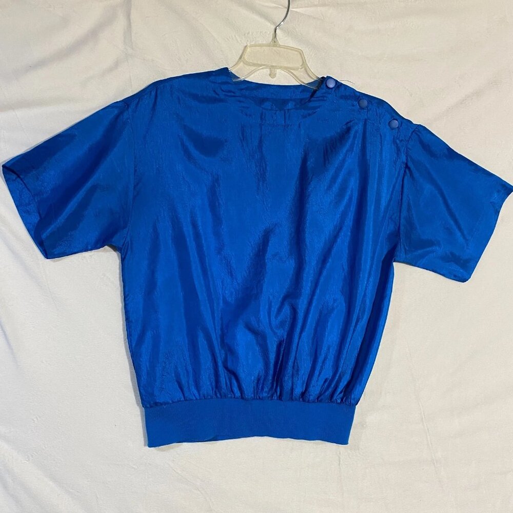Vintage Jonquil By Judy Bond Blouse Top Womens 12 Blue Buttons Banded Hem Retro